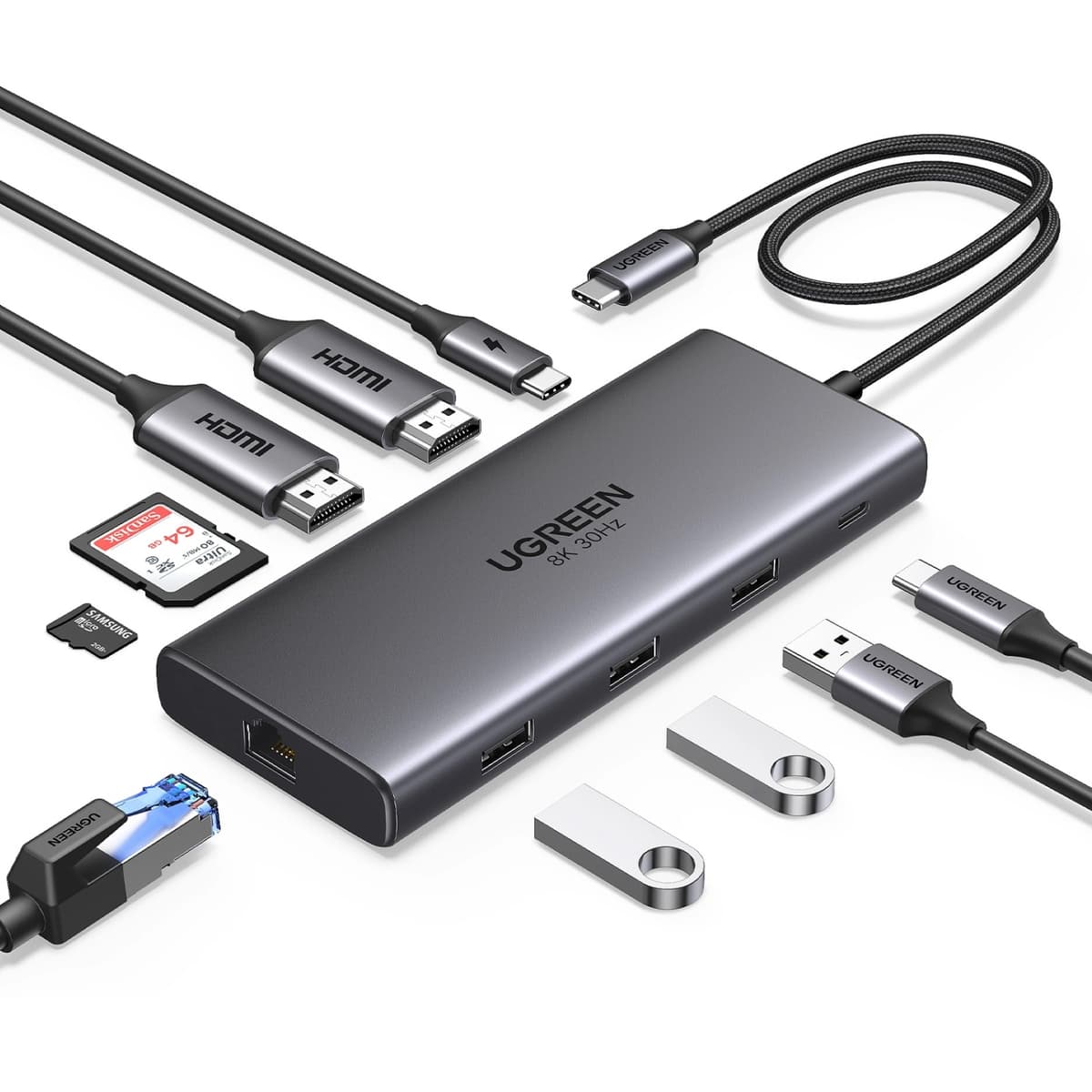USB-хаб док-станція Ugreen USB3.2 CM639 Type-C to HDMIx2 8K30Hz/4K60Hz 3xUSB 2xType-C 3.2 RJ45 SD TF PD 100W Grey (15534)