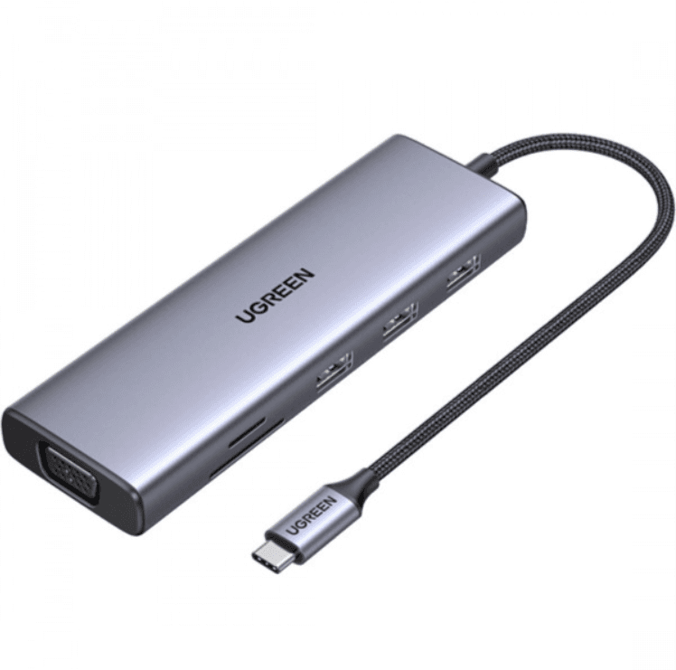 USB-хаб Ugreen CM498 USB3.1 Type-C to HDMI/VGA/USB 3.0х3/RJ45/SD/TF/PD/3.5мм TRRS 100W 10-in-1 Grey (15601)