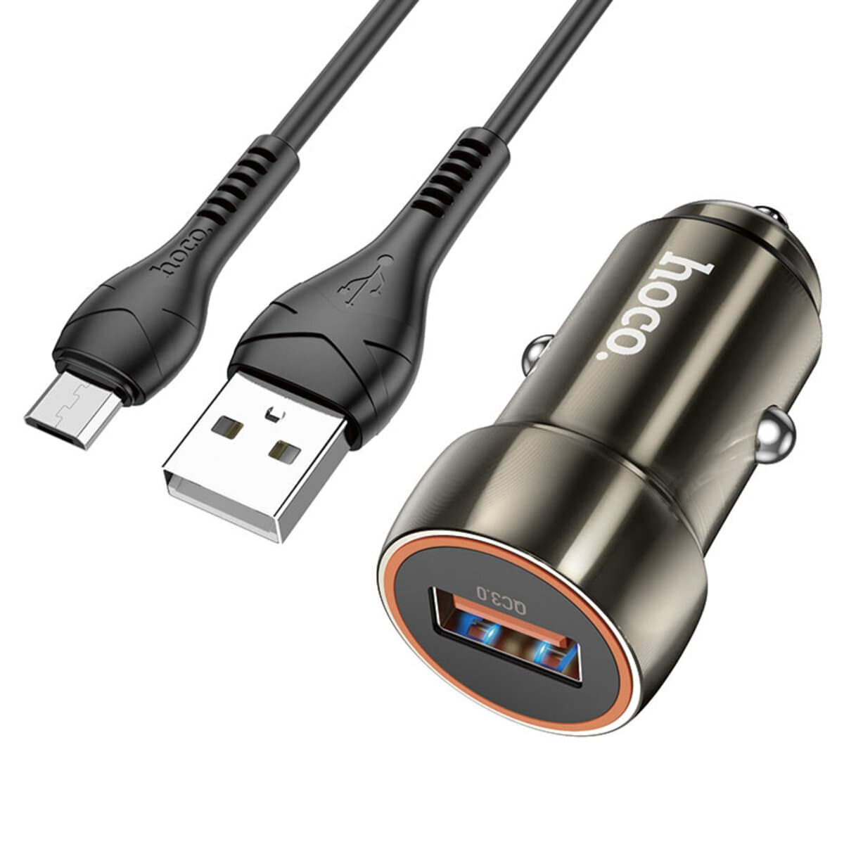 Автомобильное зарядное устройство HOCO Z46 Blue shield single port QC3.0 18W USB to Micro-USB cable Metal Grey