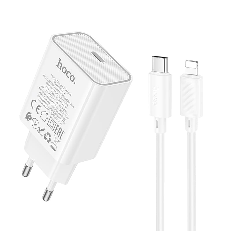 Зарядний пристрій з кабелем HOCO C143A Benefit single port PD20W Charger Set Type-C to Lightning cable White