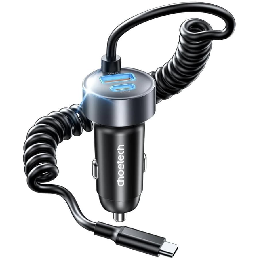 Автомобільний зарядний пристрій Choetech 65W 1xType-C 1xUSB PD 30W with spring Type-C cable 1.2M Black (TC0030-BK)