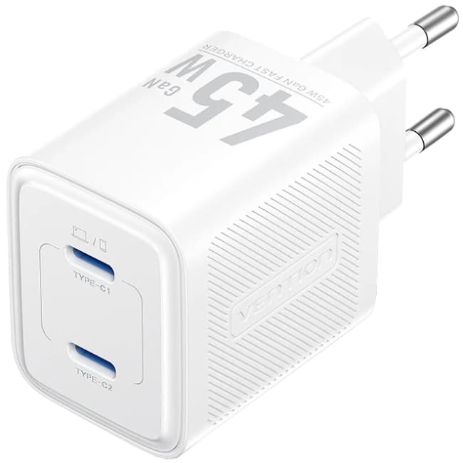 Зарядний пристрій Vention 2xType-C 45W 3A GaN PD3.0 White (FEFW0-EU)