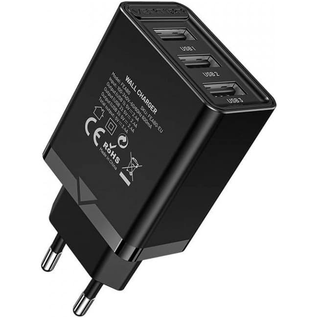 Зарядний пристрій Vention 3xUSB A 12W 5V 3.4A Black (FEAB0-EU)