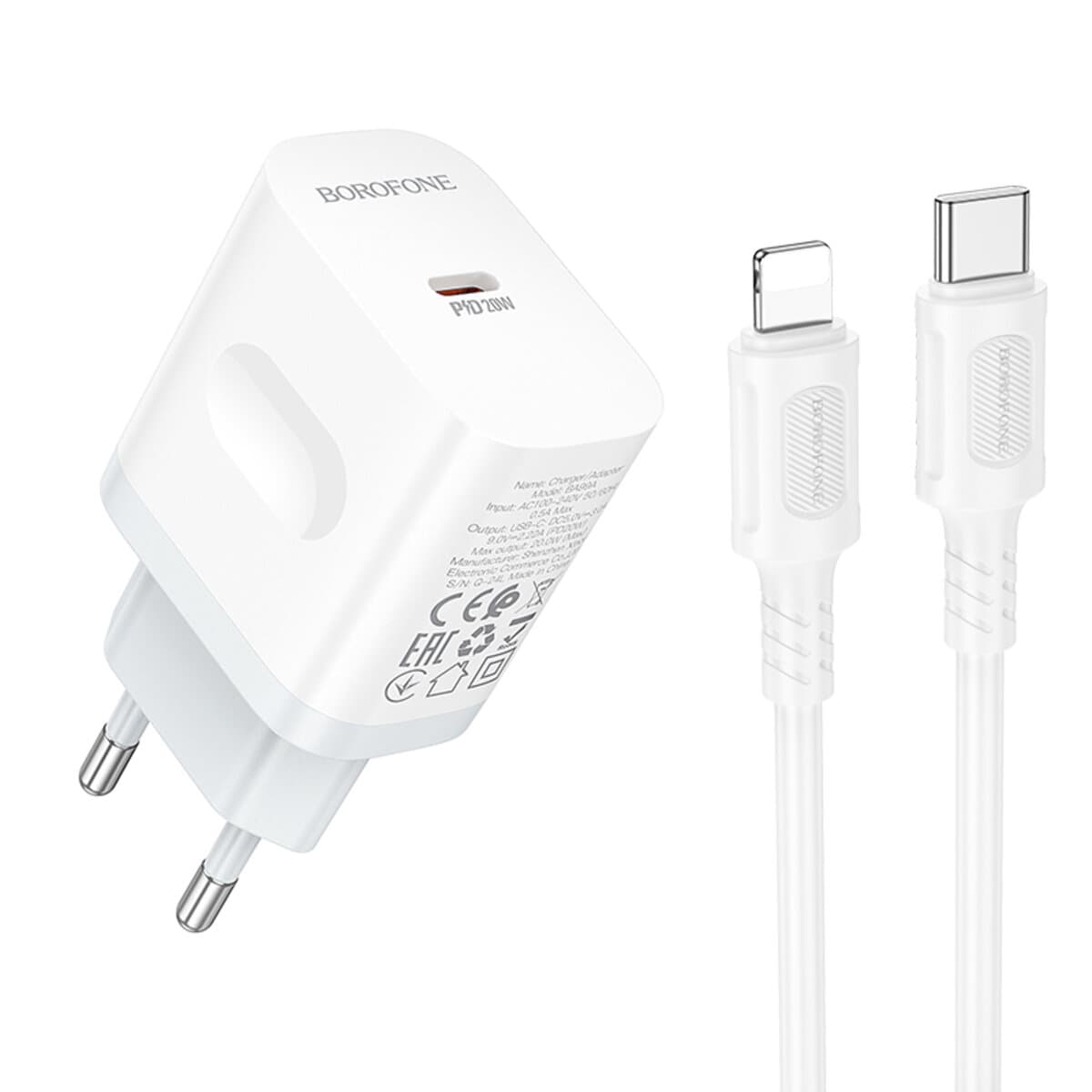 Зарядное устройство с кабелем BOROFONE BA99A Breeze single port PD20W charger set Type-C to Lightning White