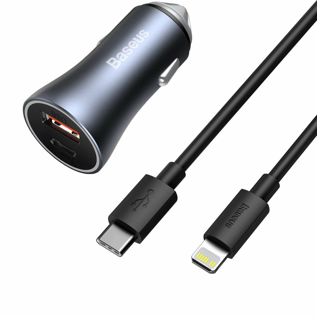 Автомобільний зарядний пристрій Baseus Golden Contactor Pro Dual Car Charger USB+Type-C 40W Cable Type-C to Lightning Dark Grey (TZCCJD-B0G)