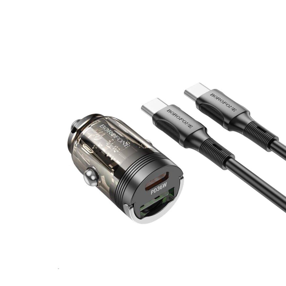 Автомобильное зарядное устройство BOROFONE BZ29A Talented PD36W+QC3.0 кабель Type-C to Type-C Transparent Black