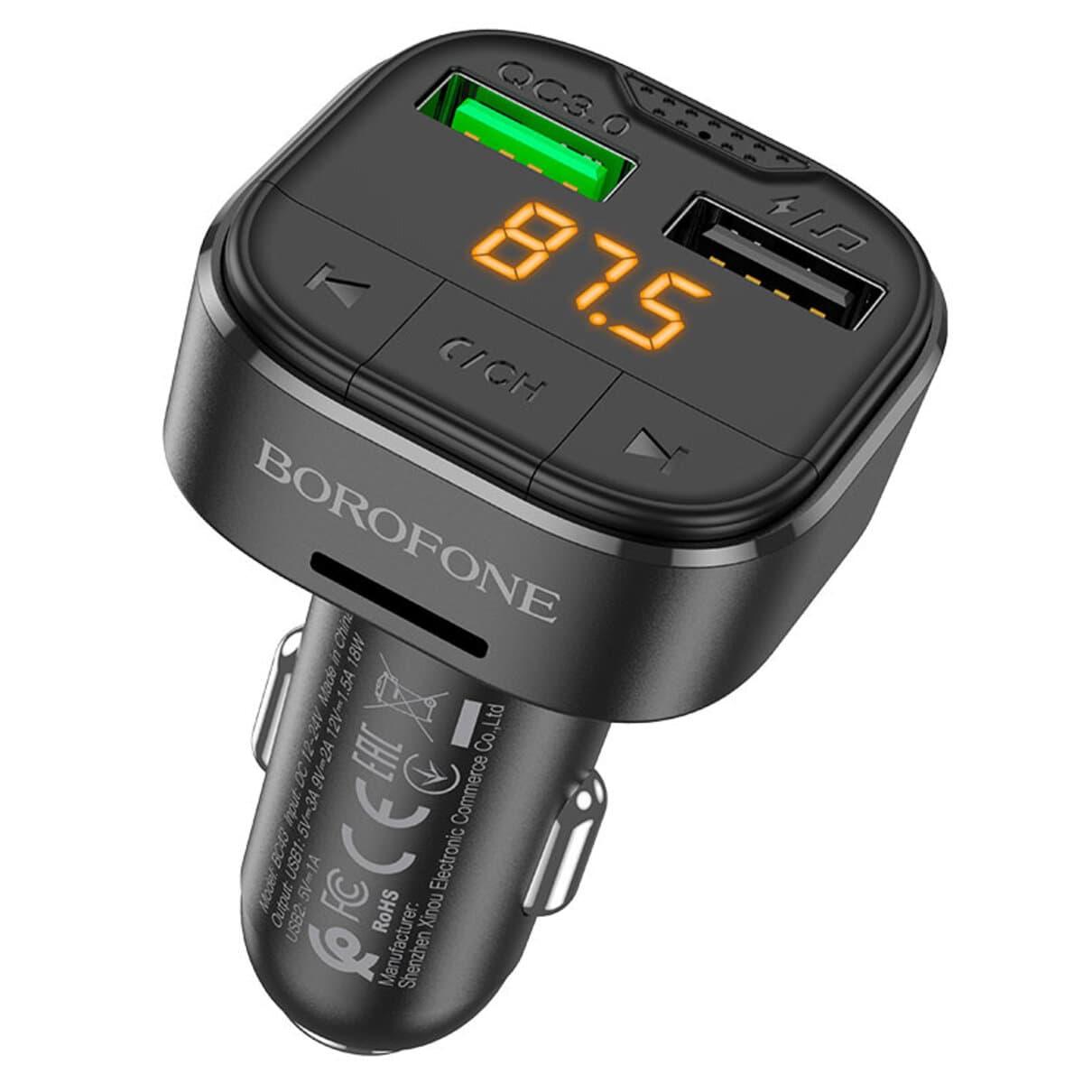 Автомобильный FM-трансмиттер ресивер BOROFONE BC43 Flash QC3.0 car BT FM transmitter 18W Black (BC43B-8525500090)