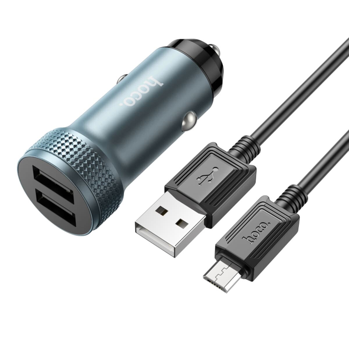 Автомобильное зарядное устройство HOCO Z49 Dual port car charger set USB to Micro-USB cable 2.4A Metal Grey