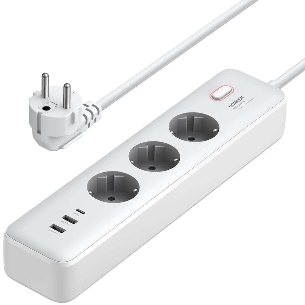 Сетевой фильтр удлинитель Ugreen 2м 3 розетки 2xUSB 1xType-C PD White (25357)