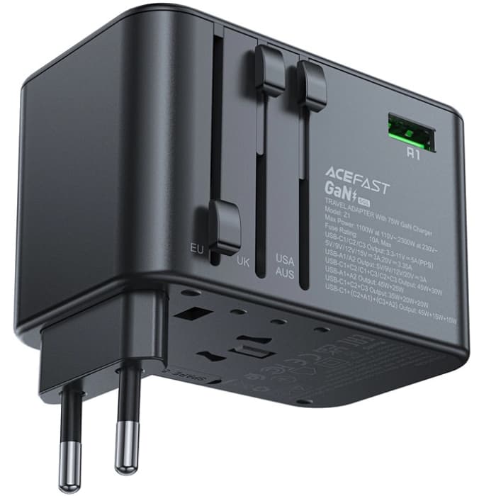 Універсальний зарядний пристрій Acefast Z1 75W 3xType-C 2xUSB Gan Fast Charger Black