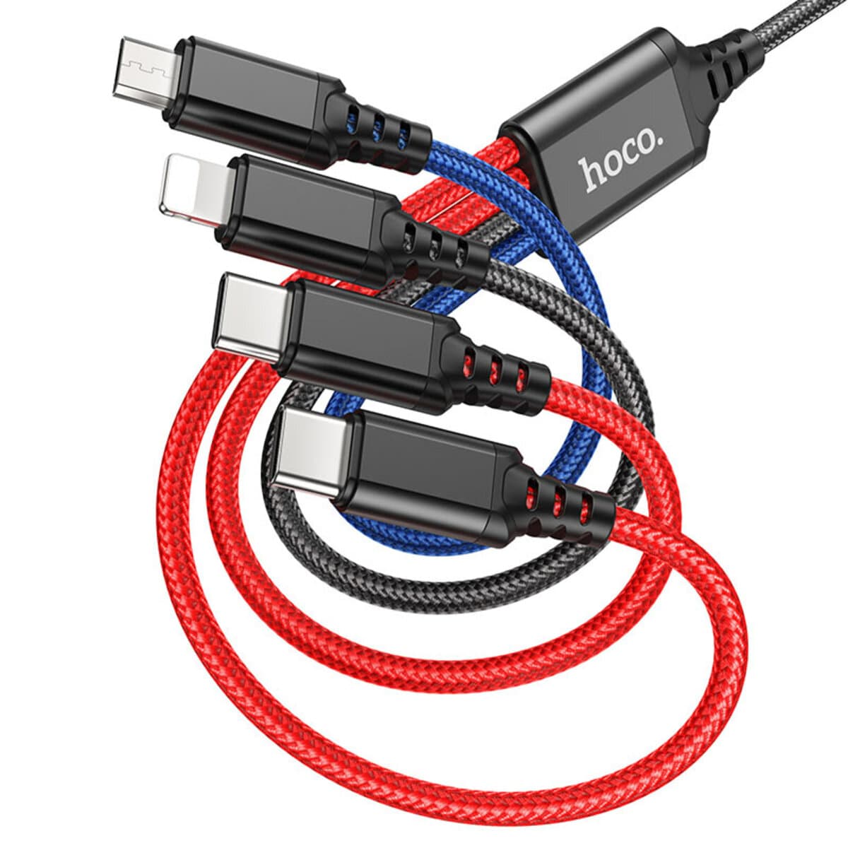 Кабель HOCO X76 USB to Lightning+2xType-C+Micro-USB 2A 1м нейлон алюмінієві роз'єми чорний-червоний-синій