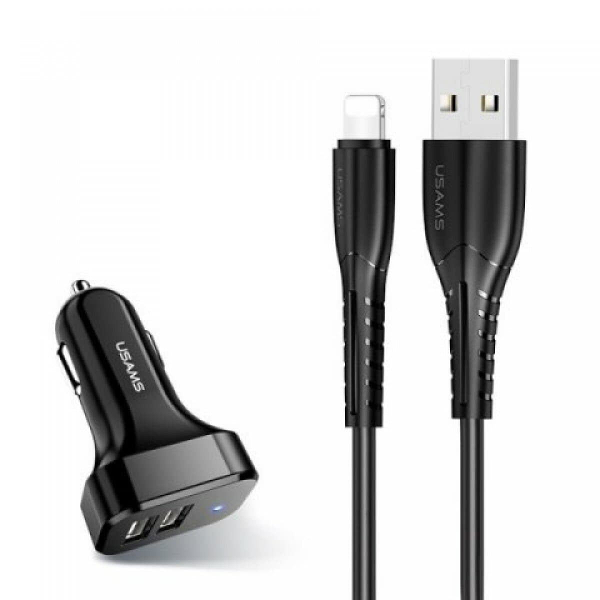 Автомобільний зарядний пристрій Usams Travel Car Charger Kit King Tu Series U35 IP Cable 1m + C13 Dual USB Car Charger Black (NTU35LC13TZ)