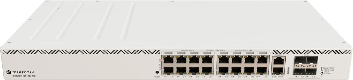 Коммутатор Mikrotik CRS320-8P-8B-4S+RM 17х10/100/1000 Мбит/с 8x802.3bt PoE-out 4x10G SFP+ ROS L5 White (CRS320-8P-8B-4S+RM)