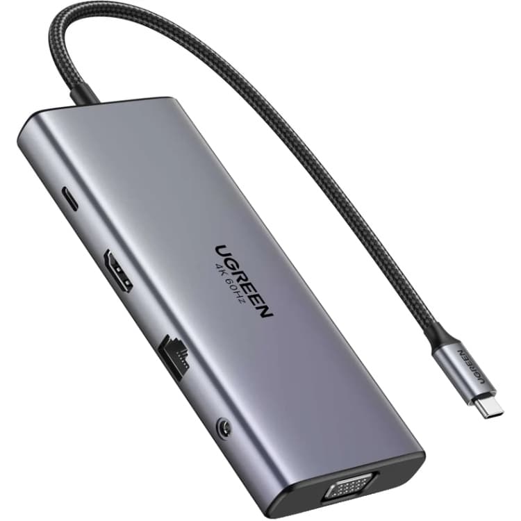 USB-хаб Ugreen CM639 USB 3.2 Type-C to 1xUSB 3.2 1xUSB 3.1 2xType-C 3.2 RJ45 HDMI VGA RJ45 SD TF+3.5mm PD Grey (45520)