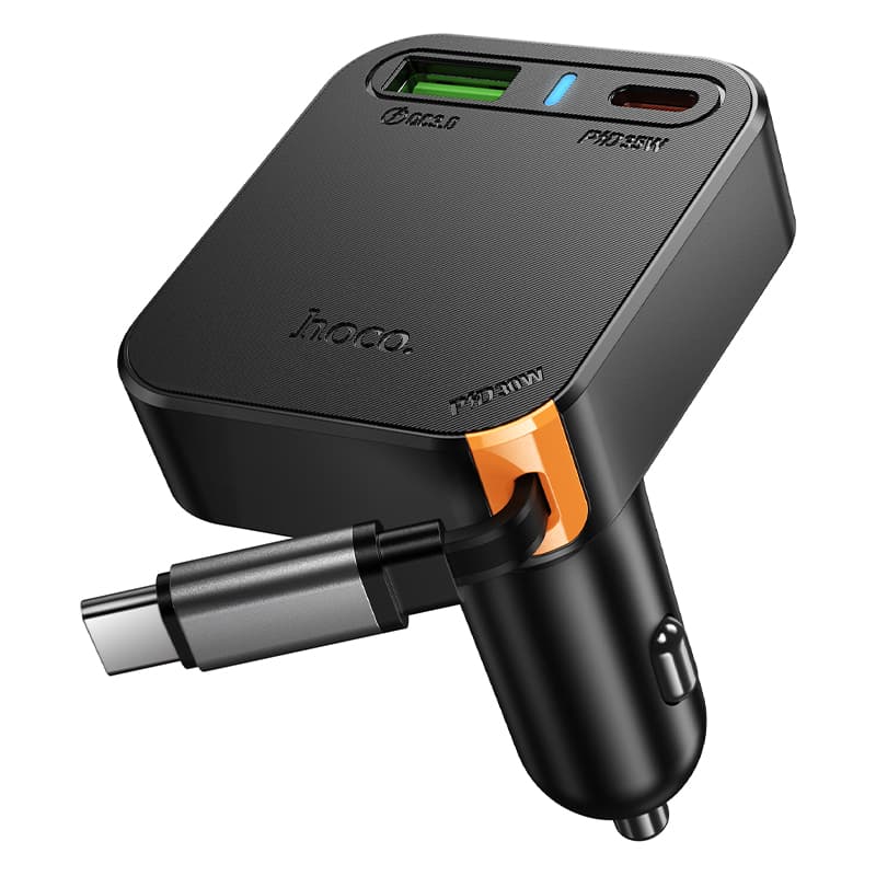 Автомобильное зарядное устройство HOCO NZ18 Guardian PD65W 2xType-C 1xUSB car charger with retractable cable Black