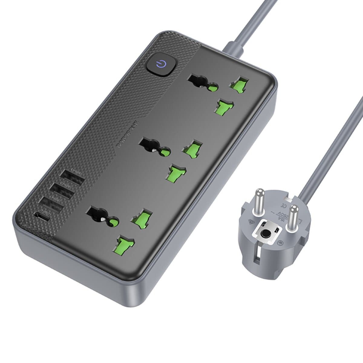 Сетевой фильтр удлинитель BOROFONE BAC2A Leya 3 розетки 1.5m 1xType-C 3xUSB EU Black
