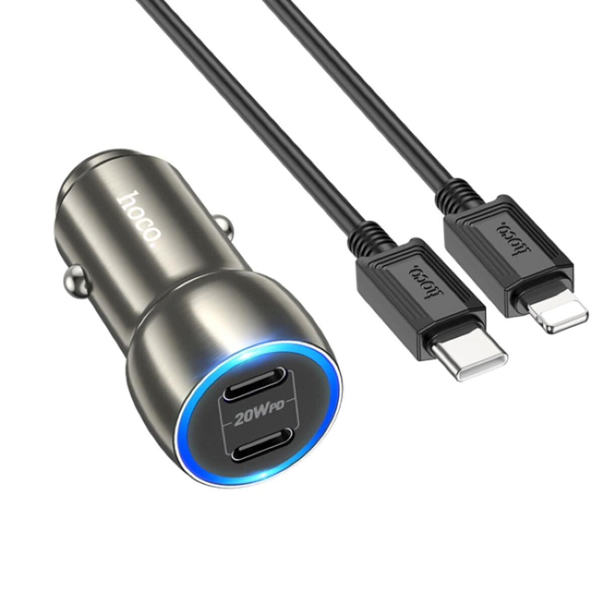 Автомобильное зарядное устройство HOCO Z48 Tough 40W dual port Type-C car charger set Type-C to Lightning cable 3A Metal Gray