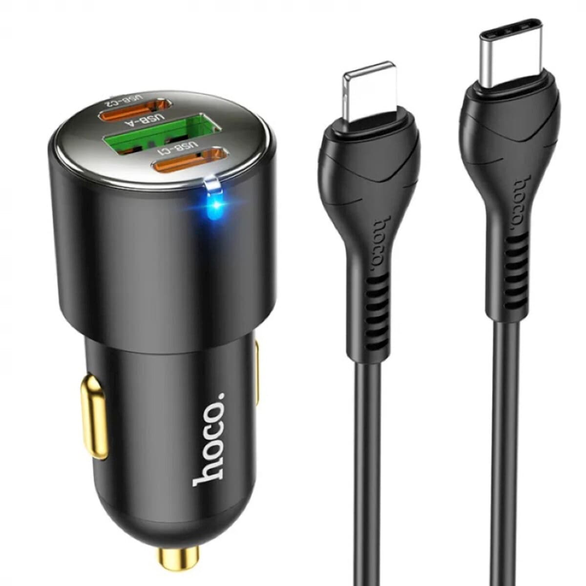 Автомобільний зарядний пристрій HOCO NZ6 PD45W 3-port 2xType-C 1xUSB car charger set Type-C to Lightning cable Black