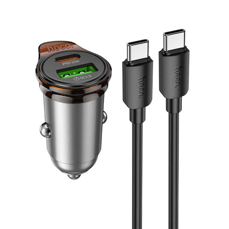 Автомобильное зарядное устройство HOCO NZ16A Rigorous 43W dual port PD25W+QC3.0 car charger set C to C cable Grey