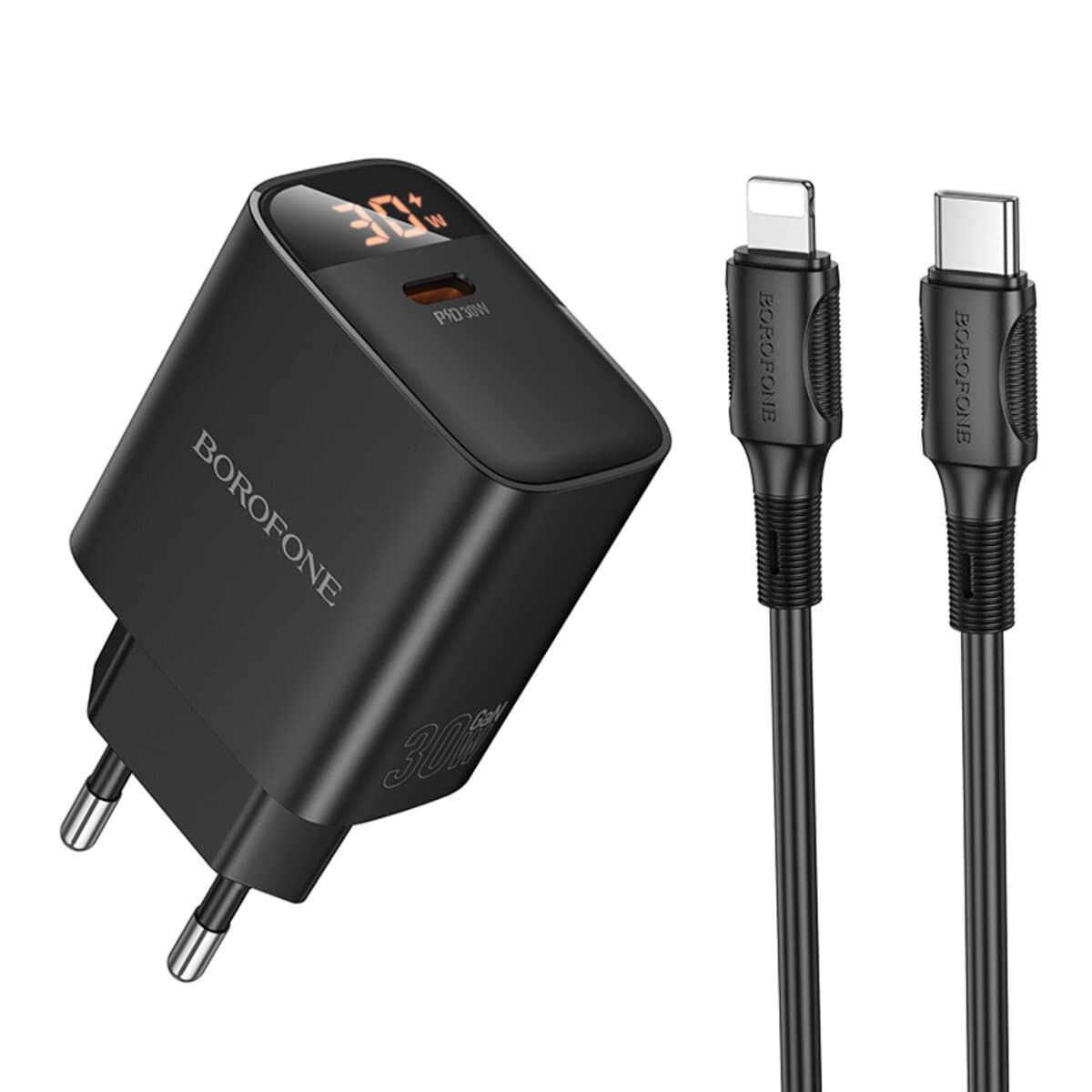 Зарядний пристрій BOROFONE BA97A Ilustre single-port PD30W charger with digital display set Type-C to Lightning EU Black