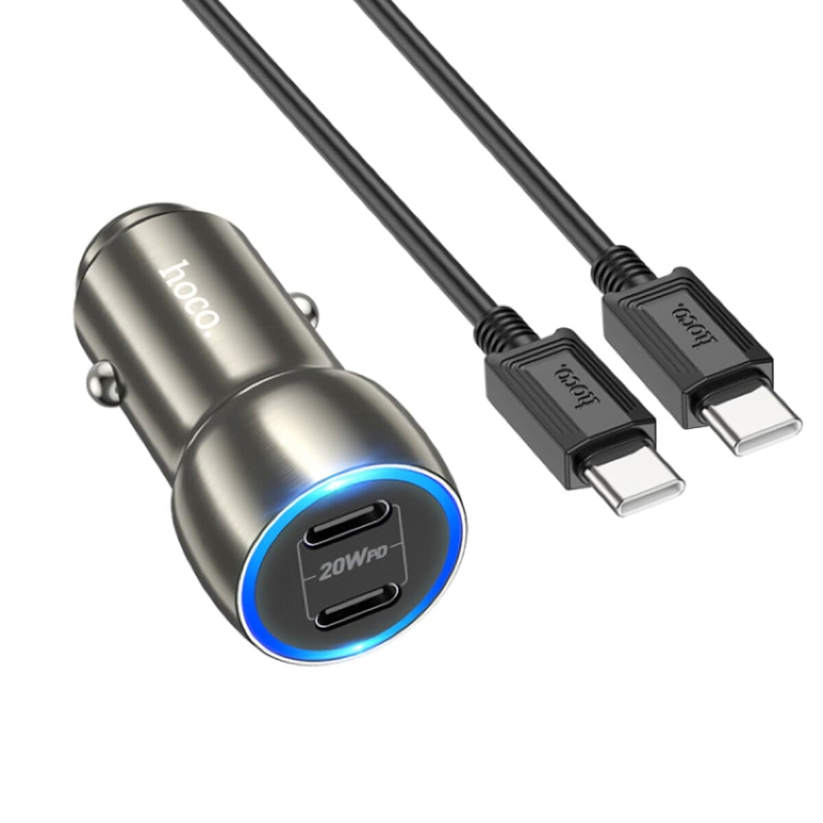 Автомобільний зарядний пристрій HOCO Z48 Tough 20W dual port Type-C car charger set Type-C to Type-C cable 3A Metal Grey