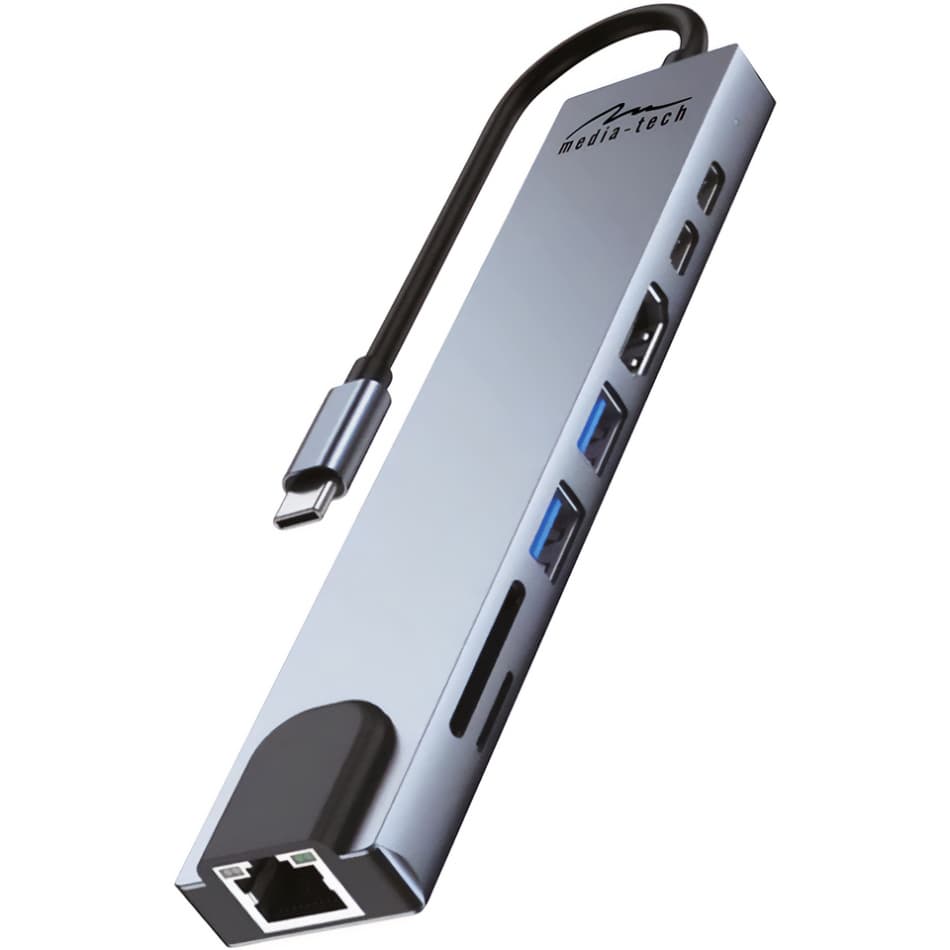 USB-хаб док-станція Media-Tech USB3.1 Type-C to HDMI 4K 2xUSB 2xType-C RJ45 SD TF PD 100W 8 in 1 Grey (MT5046)