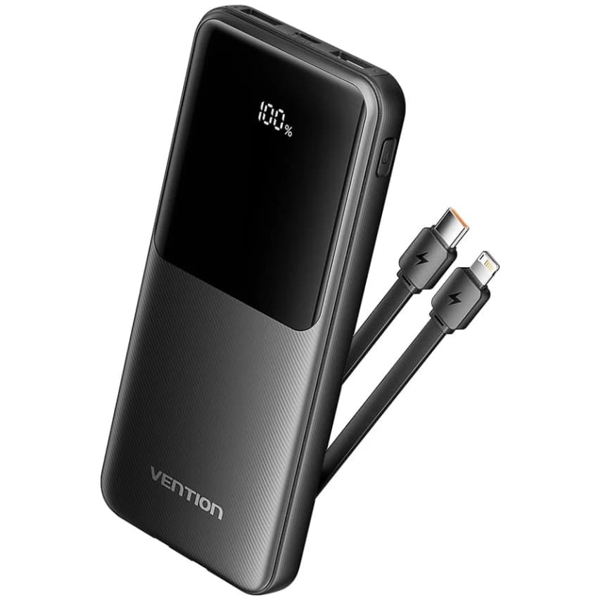 Powerbank павербанк УМБ Vention 10000mAh 22.5W 3A PD Micro-USB Type-C 2xUSB-A Built-in USB-C+Lightning Cables Black (FHOB0)