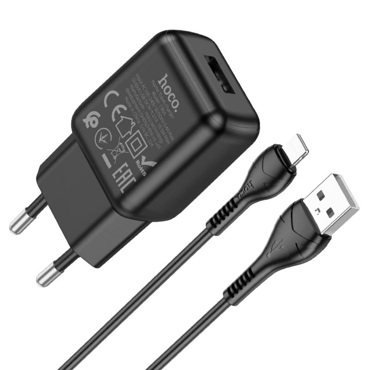 Зарядное устройство HOCO C96A single port charger set USB to Lightning cable 2.1 A Black