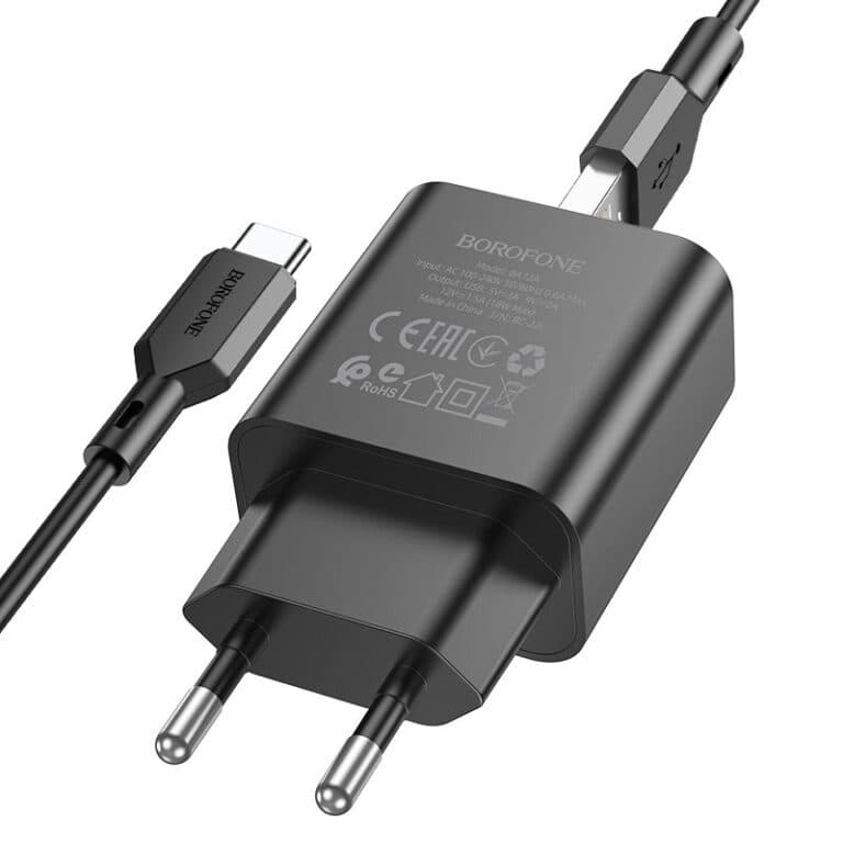 Зарядное устройство с кабелем BOROFONE BA72A Spring single port QC3.0 2A charger set USB to Type-C 18W Black