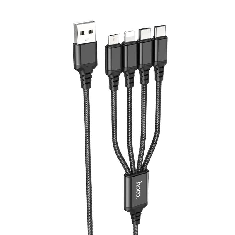Кабель HOCO X76 4-in-1 Super charging cable 2A 1m USB to 2xType-C+Lightning+Micro Black