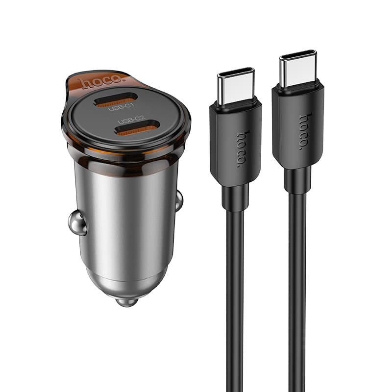 Автомобільний зарядний пристрій HOCO NZ16B Rigorous PD45W 2xType-C car charger set Type-C cable Metal Grey