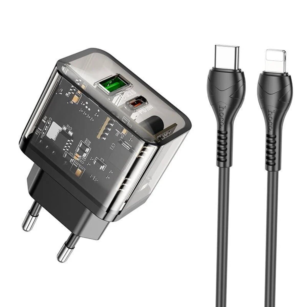 Зарядний пристрій HOCO N34 Dazzling dual-port PD20W+QC3.0 charger set Type-C to Lightning cable Transparent Black