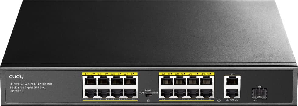 Комутатор Cudy FS1018PS1 16 портовий 10/100M PoE+ Switch with 2 Gigabit Uplink and 1 SFP Port 200W Black (FS1018PS1_EU)
