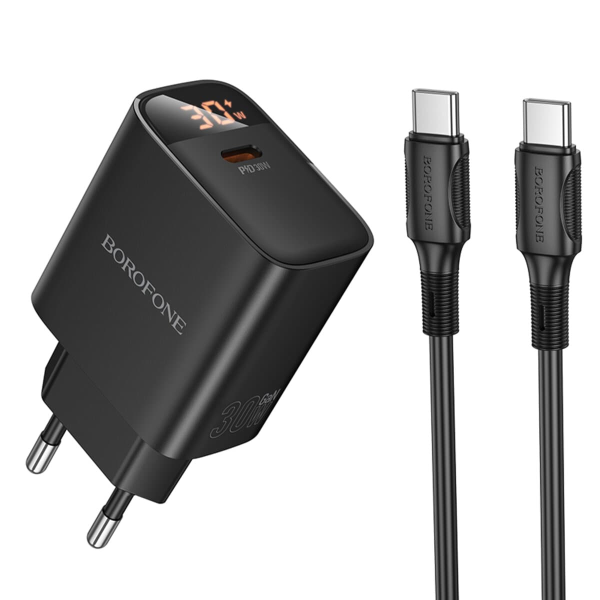 Зарядний пристрій BOROFONE BA97A Ilustre single-port PD30W charger with digital display set Type-C to Type-C EU Black