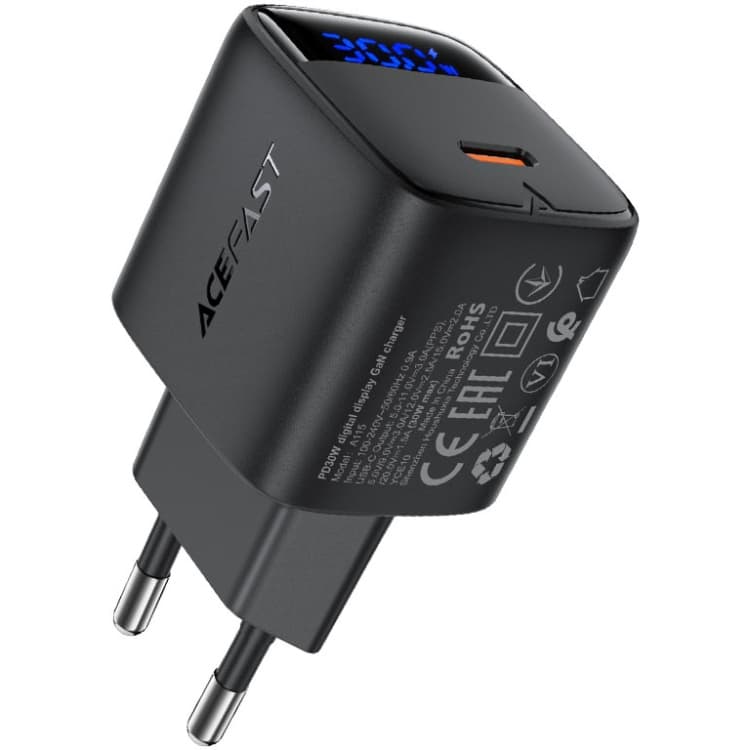 Зарядное устройство с кабелем Acefast A115 1xType-C 30W Gan Fast Charger 3A Black