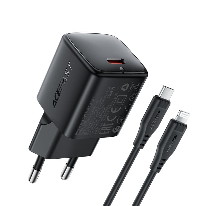 Зарядний пристрій з кабелем ACEFAST A118 PD30W Mini GaN Type-C для lighting cable fast charger set Black