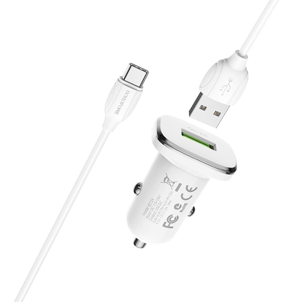 Автомобільний зарядний пристрій BOROFONE BZ12A single port QC3.0 з USB до Micro-USB cable 18W White (BZ12AM)