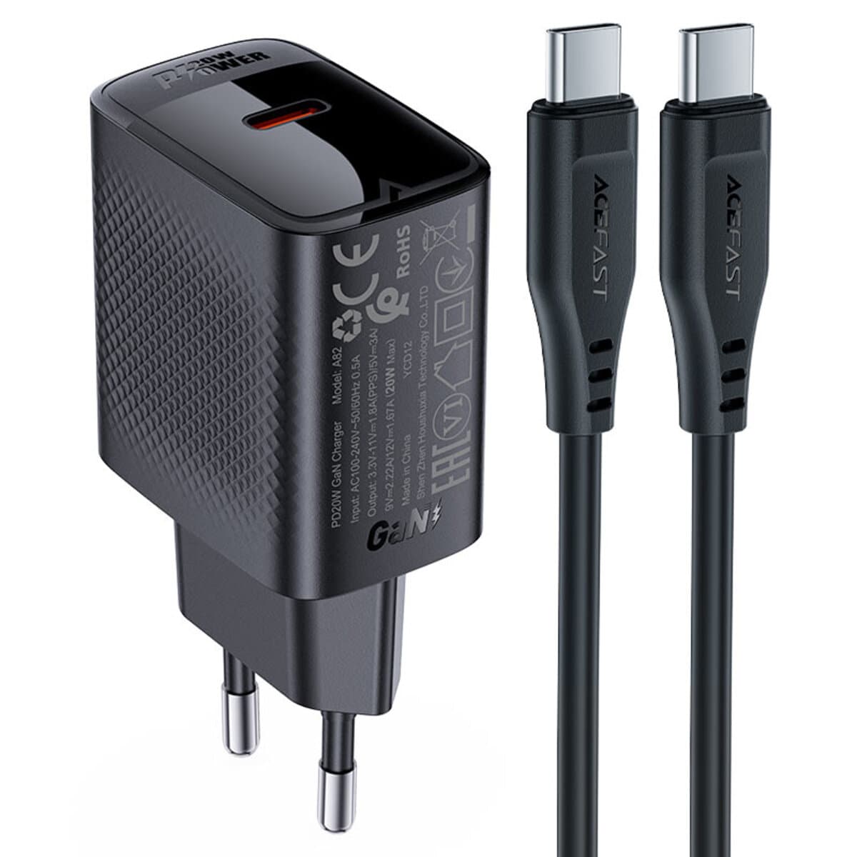 Зарядний пристрій ACEFAST A82 PD20W GaN single Type-C charger set P5 Type-C to Type-C cable EU Black