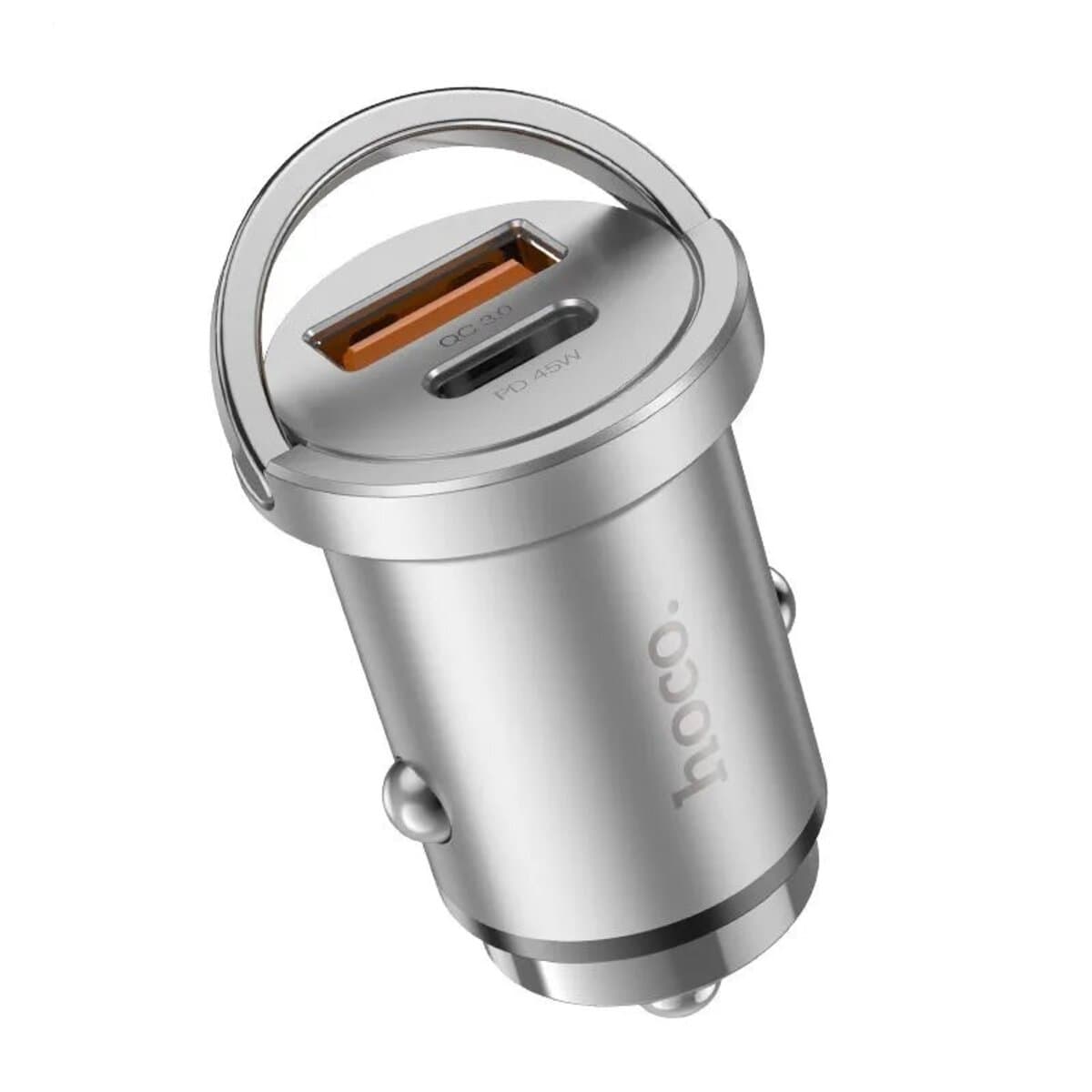 Автомобільний зарядний пристрій HOCO NZ10 1xUSB 1xType-C Handy PD45W+QC3.0 car charger Silver