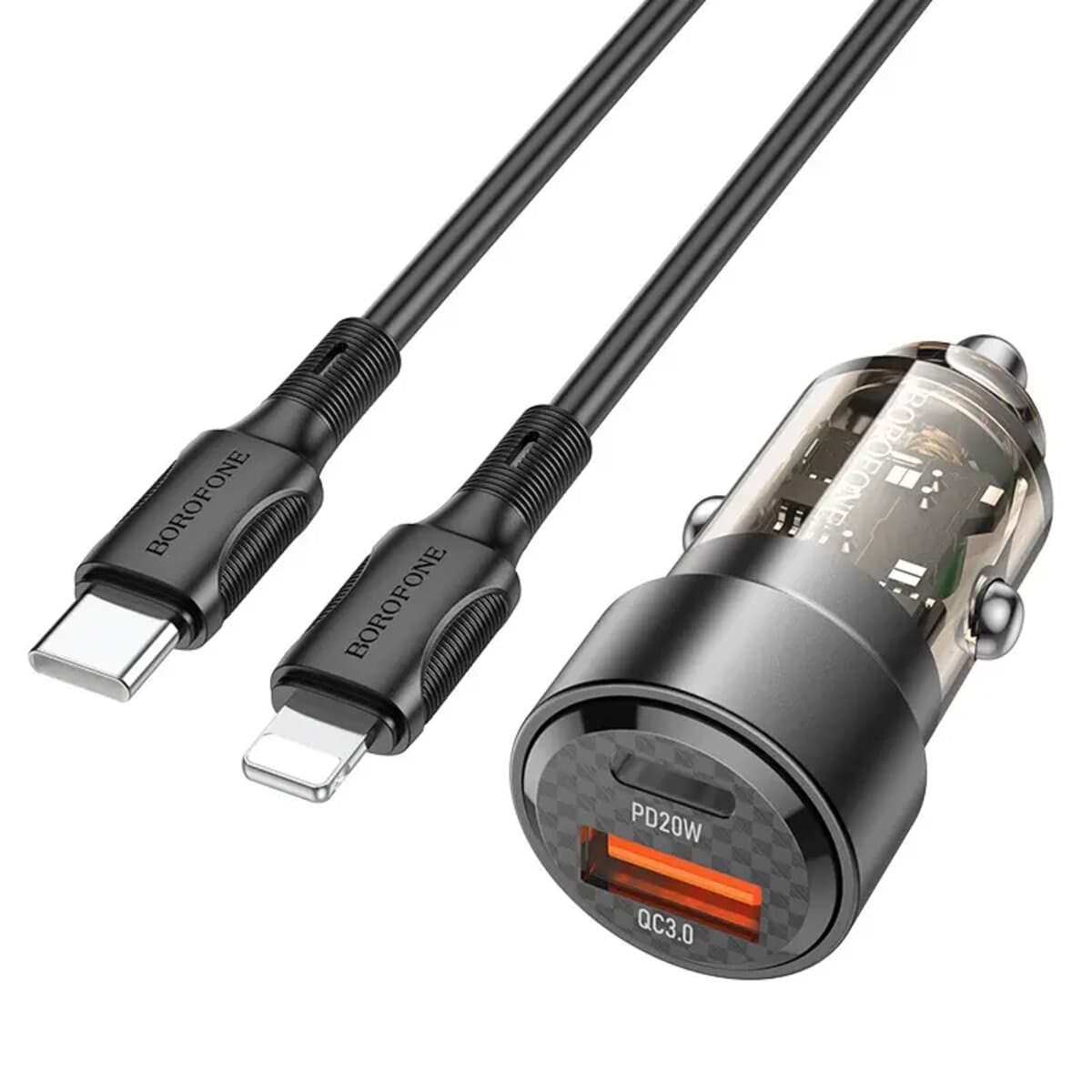 Автомобільний зарядний пристрій BOROFONE BZ20 Smart 38W dual port PD20W+QC3.0 автомобільний зарядний пристрій Type-C to Lightning cable Transparent Black (BZ20CLTB)