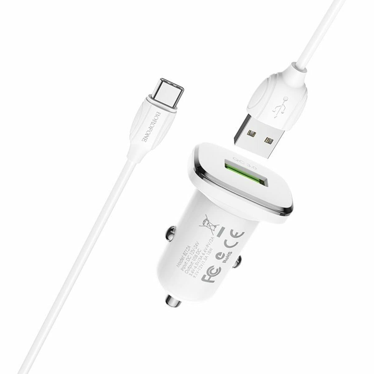 Автомобільний зарядний пристрій BOROFONE BZ12A single port QC3.0 з USB до Type-C cable 18W 3A White (BZ12ACW)