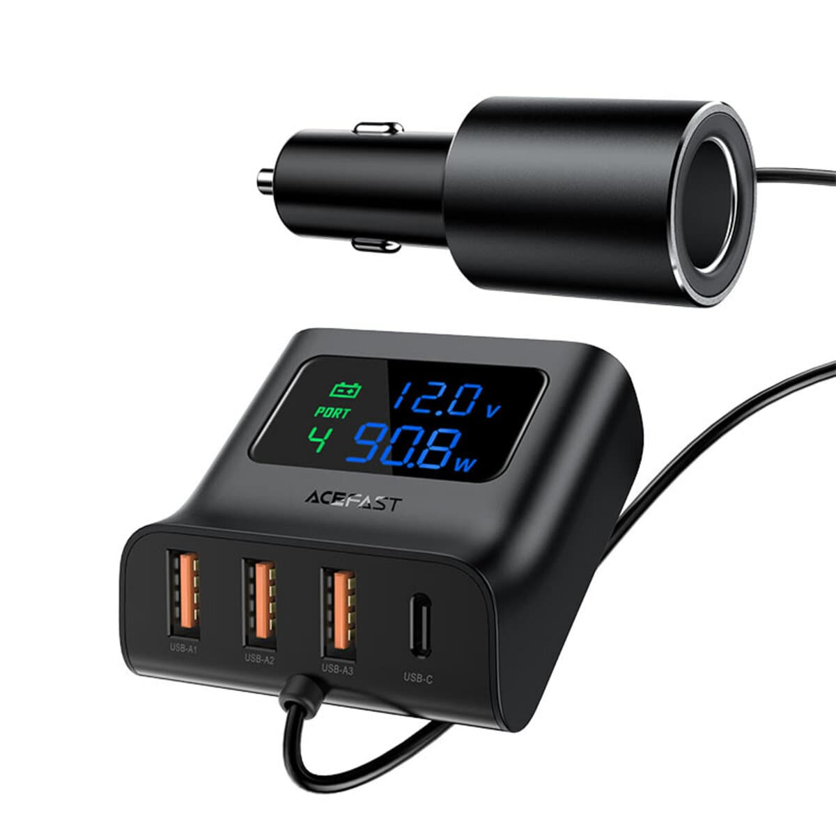Автомобильное зарядное устройство ACEFAST B8 3xUSB 2xType-C digital display car HUB charger 2.4A Black (AFB8)