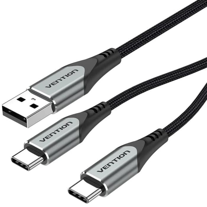Кабель Vention USB 2.0 AM to 2хType-C M 1 м Y-Splitter Charging Cable 2.4А 480Mbps Aluminum Alloy Black (CQOHF)