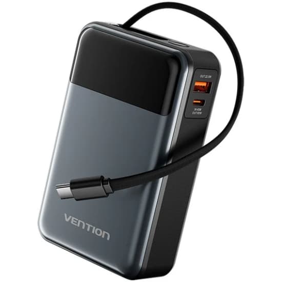Powerbank павербанк УМБ Vention 20000mAh 65W 3A PD QC3.0 USB-A 2хType-C OUT with Built-in USB-C Cable LED Display Black (FHYB0)