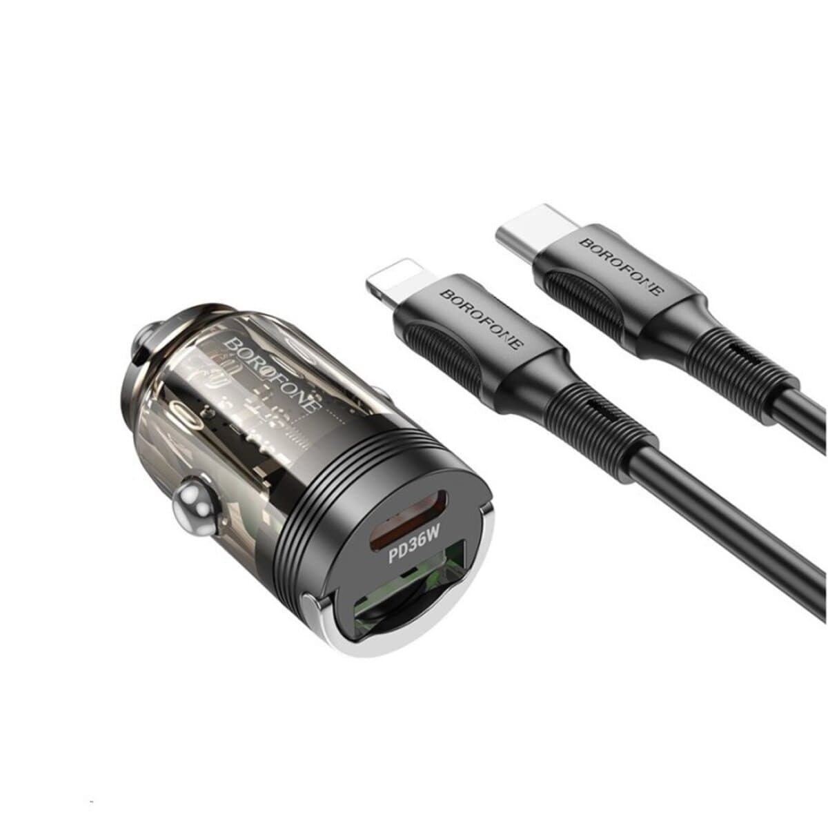 Автомобільний зарядний пристрій BOROFONE BZ29A Talented PD36W+QC3.0 кабель Type-C to Lightning Transparent Black