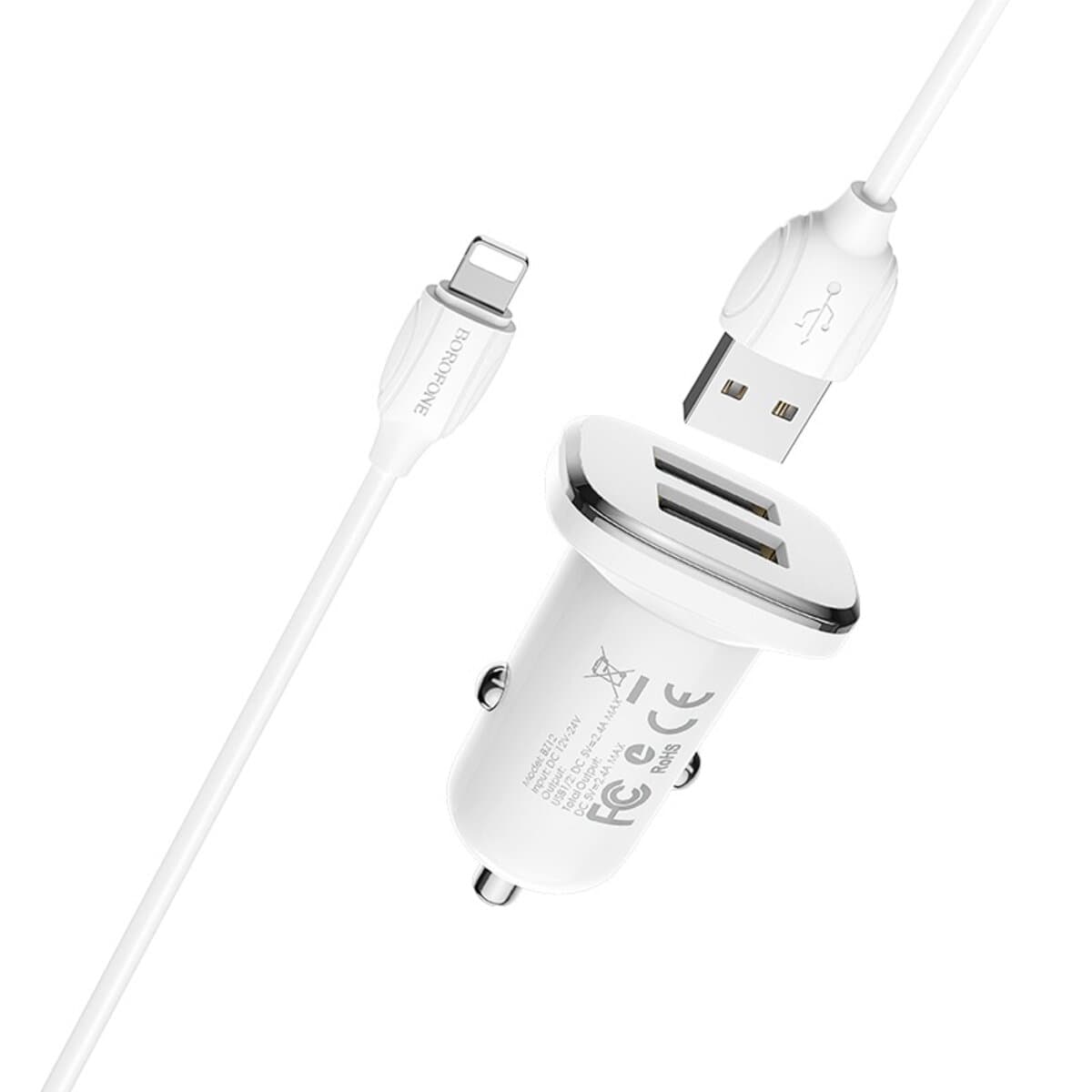 Автомобільний зарядний пристрій BOROFONE BZ12 double port in-car charger set with USB to Lightning cable White (BZ12L)