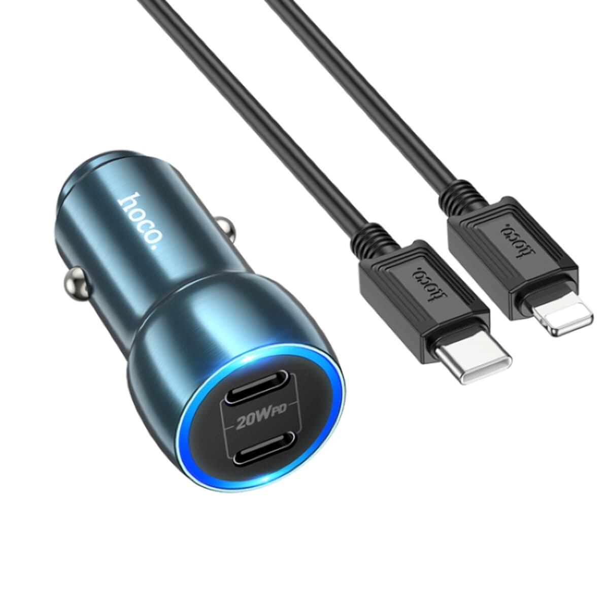 Автомобільний зарядний пристрій HOCO Z48 Tough 20W dual port Type-C car charger set Type-C to Lightning cable 3A Sapphire Blue