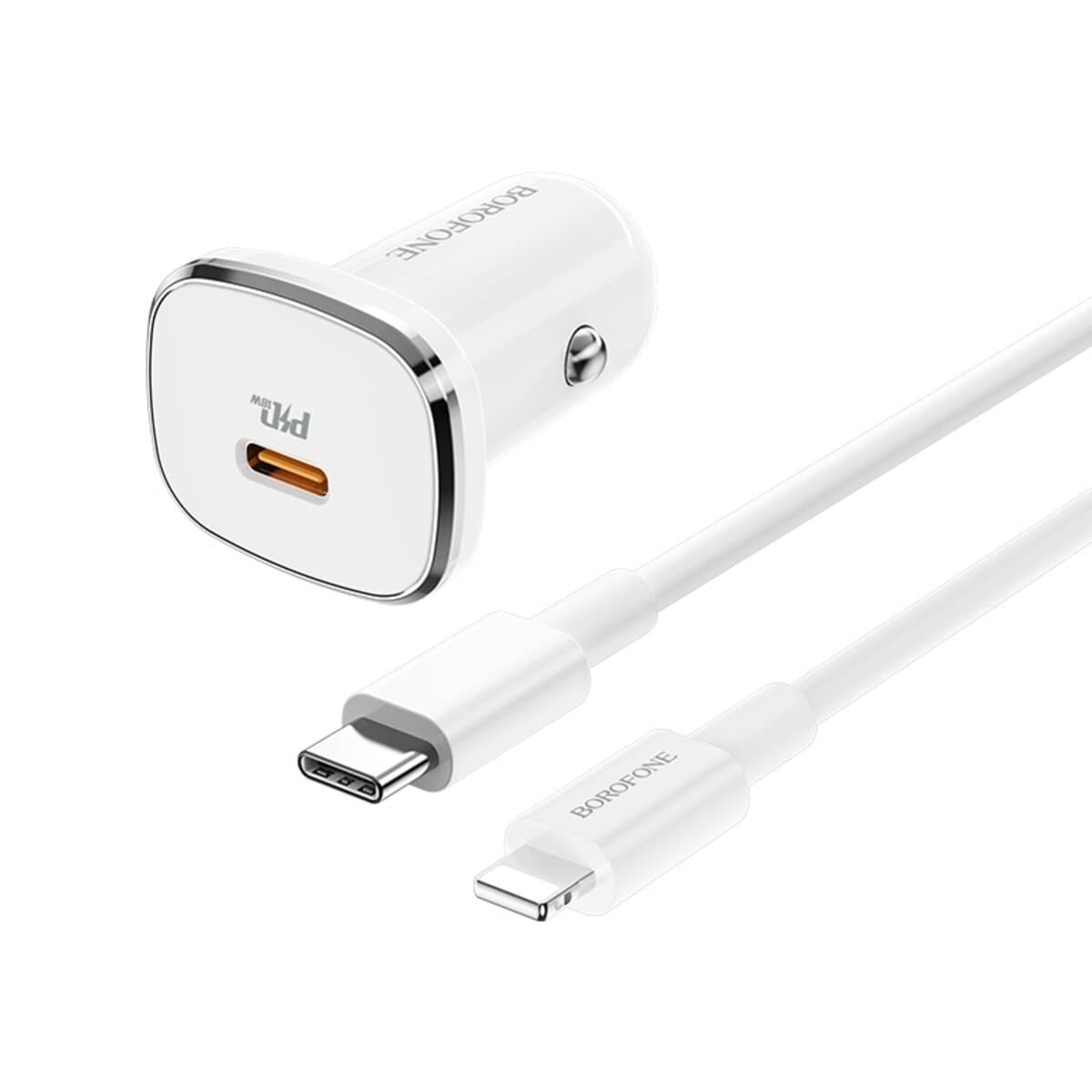 Автомобільний зарядний пристрій BOROFONE BZ12B single port QC3.0 Type-C to Lightning cable 18W 3A White (BZ12BCLW)