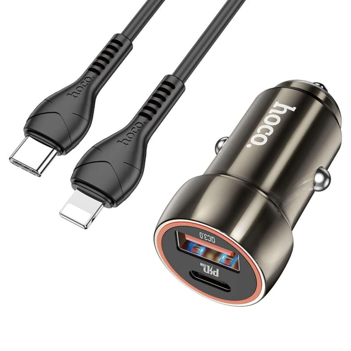 Автомобільний зарядний пристрій HOCO Z46A Blue whale PD20W+QC3.0 car charger set Type-C to Lightning cable Metal Grey