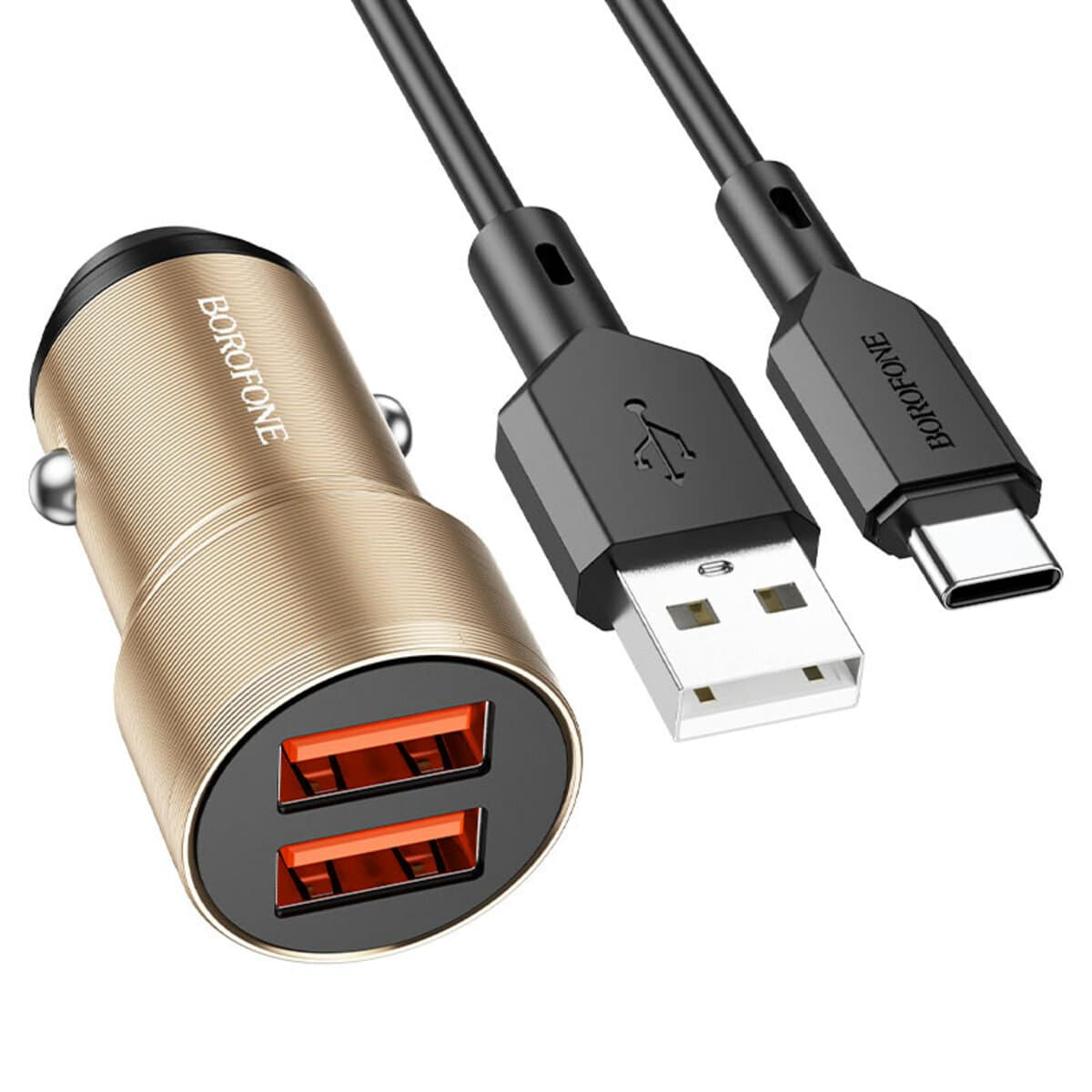 Автомобільний зарядний пристрій BOROFONE BZ19 Wisdom dual port car charger set USB для Type-C cable 2.4A Gold (BZ19CG)